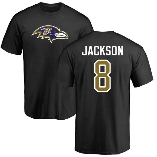 Men Baltimore Ravens Black Lamar Jackson Name and Number Logo NFL Football #8 T Shirt->baltimore ravens->NFL Jersey